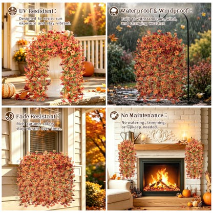 6 Pcs Artificial Hanging Mums for Outdoors, UV Resistant Fake Fall Flowers - color: Red Orange