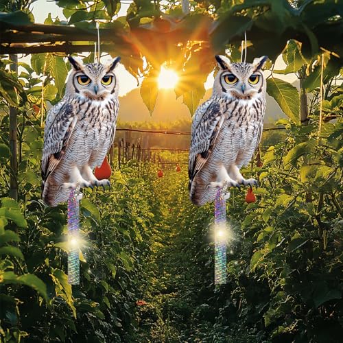 4PCS Garden Owl to Scare Pigeons Away from Porch, Flat Fake Owl to Keep Pigeon Away from Balcony, Hanging Plastic Owl, Woodpecker Scare Devices with Reflective Tape for Tree Patio Window Roof - color: Grey (2) - 4PCS