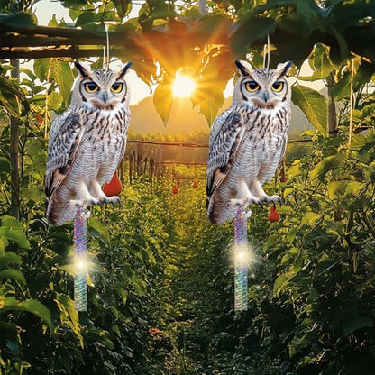 4PCS Garden Owl to Scare Pigeons Away from Porch, Flat Fake Owl to Keep Pigeon Away from Balcony, Hanging Plastic Owl, Woodpecker Scare Devices with Reflective Tape for Tree Patio Window Roof - color: Grey (2) - 4PCS
