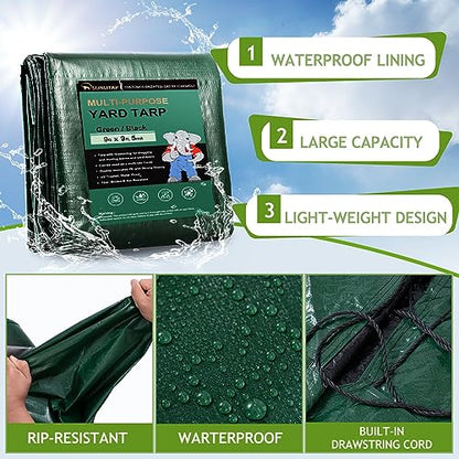 2 Pcs Leaf Tarp 9x9 Feet, Lawn Garden Leaf Tarp with 4 Drawstrings, Reusable Waterproof Poly Tarp Yard Waste Bags, All Purpose Protective Cover for Bikes, Furniture Cover, Tent Footprint - size: 9×9 Ft (2 Pcs)