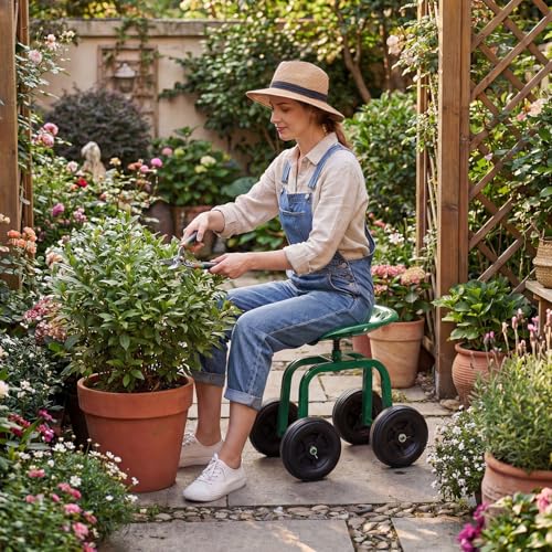 Goplus Garden Cart with Wheels, Utility Stool Cart w/Adjustable 360 Degree Swivel Seat, Outdoor Lawn Yard Rolling Work Seat, Garden Scooter for Planting (Green) - color: Green