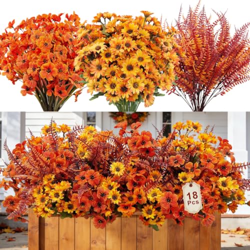 18 Bundles Artificial Fall Flowers for Outdoors Decoration UV Resistant