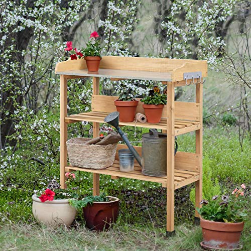 Topeakmart Potting Bench, Metal Top Garden Table for Outdoors,Natural Wood - color: Natural Wood