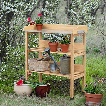 Topeakmart Potting Bench, Metal Top Garden Table for Outdoors,Natural Wood - color: Natural Wood