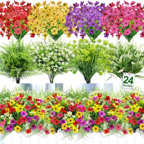 24 Bundles 8 Styles Artificial Flowers for Outdoors UV Resistant Fake Flowers Faux Plastic Plants Colorful Daisy Boston Fern Lavender Cemetery Flowers for Outside Indoor Home Porch Patio Spring Decor - color: Mixed Color