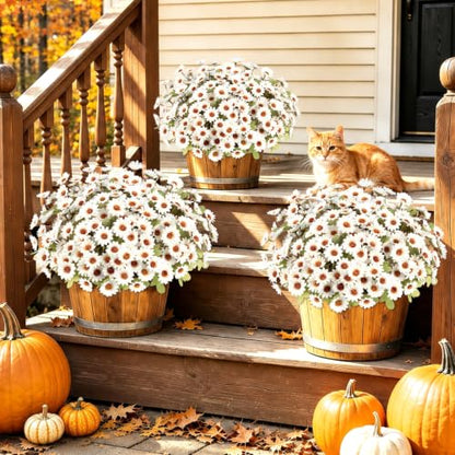 Fake Mums Artificial Fall Flowers for Outdoors Silk Daisy Bulk - color: White