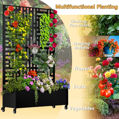 MTART Metal Planter Box with Trellis Outdoor, 72"x47"x16" Galvanized Raised Garden Bed with Privacy Screen & Drainage Holes & Lockable Casters for Climbing Plants, Vegetable, Vines (Street-Black1) - color: Street-black1