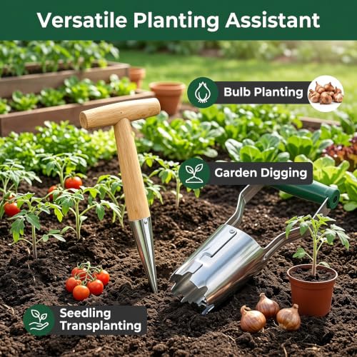3‑Pack Garden Planting Tool Set, 2 Bulb Planter Transplanters + 1 Seed Dibber, 4 Inch Manual Hand Digging Tools for Tulip Daffodil Bulb Planting, Seedling Transplanting & Seed Sowing for Home Garden