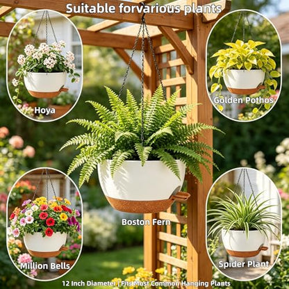 12" Self Watering Hanging Planters with Chains, White Brown, 2 Pack - color: White Brown, size: 2 pack 12 inches