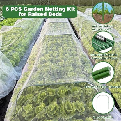 Garden Mesh Netting Kit, 10x33FT Ultra Fine Mesh Netting with 6 Sets Fiberglass Garden Hoops & 12 Clips for Tree Fruit Barrier Vegetable Fruits Flowers Shrubs Plant Covers Net