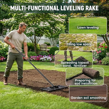 17*10" Carbon Steel Lawn Leveling Rake with 82in Adjustable Handle