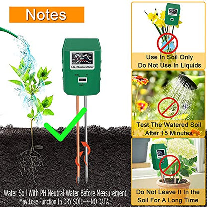 Soil Test Kit for Moisture, pH& Sunlight Meter,3 in 1 Soil Tester for Plant, Vegetables, Garden, Lawn, Farm, Indoor/Outdoor Use (No Battery Need) (Green 2.0)