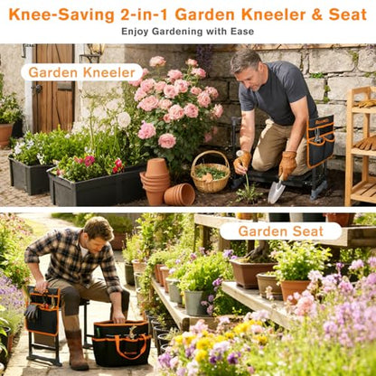 Garden Kneeler and Seat, Extra Wide Thick EVA Pad, Heavy Duty Foldable Garden Bench Holds 350lbs, Ergonomic Kneeling Stool with Garden Tool Pouches, Gardening Gifts for Women, Men & Seniors - color: Black & Orange