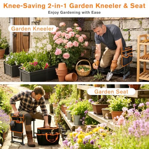 Garden Kneeler and Seat, Extra Wide Thick EVA Pad, Heavy Duty Foldable Garden Bench Holds 350lbs, Ergonomic Kneeling Stool with Garden Tool Pouches, Gardening Gifts for Women, Men & Seniors - color: Black & Orange