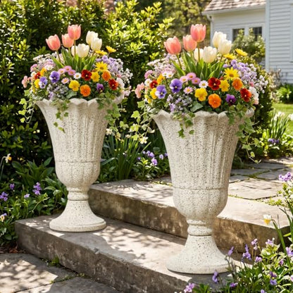 24" Tall Urn Planters for Outdoor Plants, Urns and Pedestal, Beige - color: Yellowish Beige-sandblasting