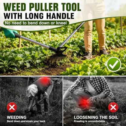 Weed Puller Tool with 61" Long Handle, 2-in-1 Garden Hoe & Weed Rake
