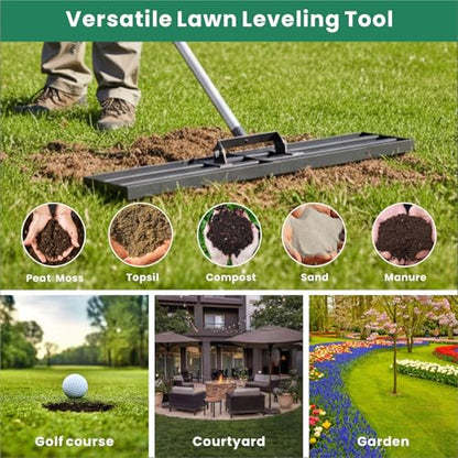 Lawn Leveling Rake 30" x 10" with 78" Adjustable Stainless Steel Handle - Heavy Duty Wide Leveling Tool for Large Areas, Grass & Soil Leveler