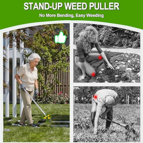 Stand Up Weed Puller Tool with 58" Adjustable Long Handle, 2 in 1 Heavy Duty Manual Weeder & Garden Hoe, 4-Claw Steel Head Weed Remover with Gloves for Yard Lawn Patio Flower Bed
