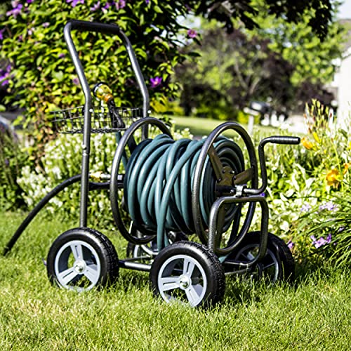 Backyard Expressions Metal Hose Reel Cart with Wheels - Heavy Duty Hose Caddie - 250 Ft Hose Capacity - Hammertone Finish - style: 2023 4 Wheel