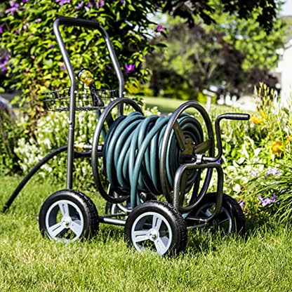 Backyard Expressions Metal Hose Reel Cart with Wheels - Heavy Duty Hose Caddie - 250 Ft Hose Capacity - Hammertone Finish - style: 2023 4 Wheel