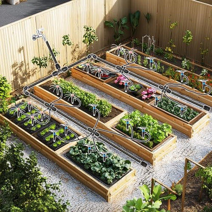 233FT Drip Irrigation System for Garden Kit with 1/2 Inch and 1/4 Inch Tubing Automatic Irrigation Equipment Locked Fittings Micro Drip 360 Degree Fan Sprayer Watering Kit for Greenhouse