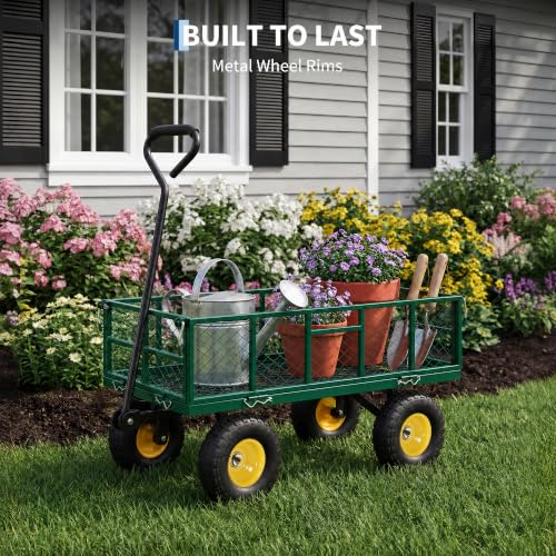 Steel Garden Dump Cart, 900LBS Garden Wagon with Removable Sides - color: Green