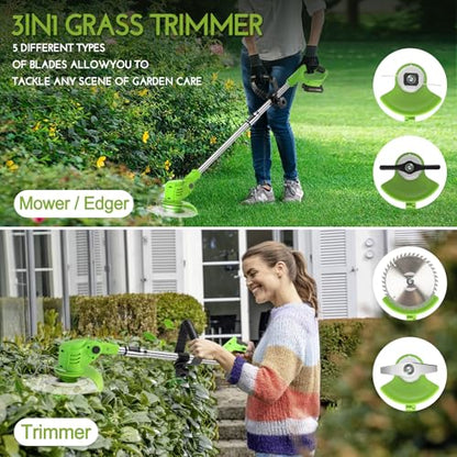 Electric Weed Wacker Cordless, with 2 Battery 26 Pcs Blades Charger - color: Green