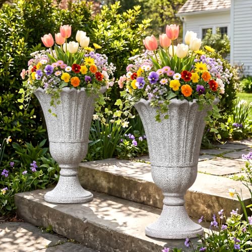 24"Tall Urn Planters for Outdoor Plants, Urns and Pedestal Set of 2 - color: Light Grey-sandblasting