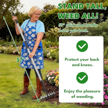 Iron Weeding Rake with Long Handle, 8-Tine Heavy Duty Garden Tool for Lawn - color: Silver
