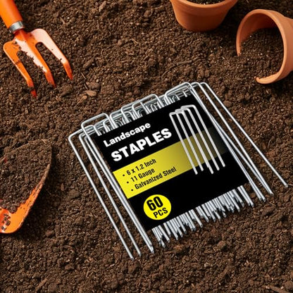 HongWay 60 Pack Landscape Staples 6 Inch, Galvanized Garden Stakes 11 Gauge - size: 6 Inch, 60pcs
