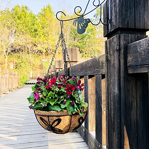 Metal Hanging Planter Flower Basket with Coco Liner for Plants Outdoor Garden Decoration Porch Decor Watering Pot Indoor - Butterfly Pattern, 12 Inch, 2 Pack
