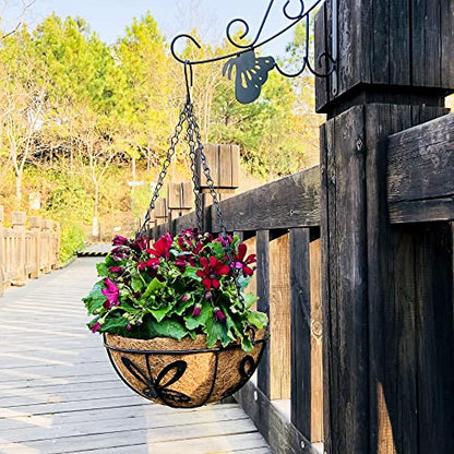 Metal Hanging Planter Flower Basket with Coco Liner for Plants Outdoor Garden Decoration Porch Decor Watering Pot Indoor - Butterfly Pattern, 12 Inch, 2 Pack