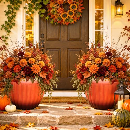 Autodaya 15" Large Planters For Outdoor Plants Set Of 2 Plastic Flower Pots - color: 15"-gradient Orange With Ivory Rim