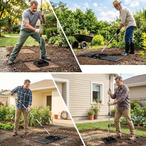 AugFir Lawn Leveling Rake, 2-in-1 Tamp and Lawn Leveler Tool，Heavy Duty Iron Dual-use 45” x 11” Base Plate with 76” Stainless Steel Handle, Quick Detach for Garden, Yard, Farm - color: Black