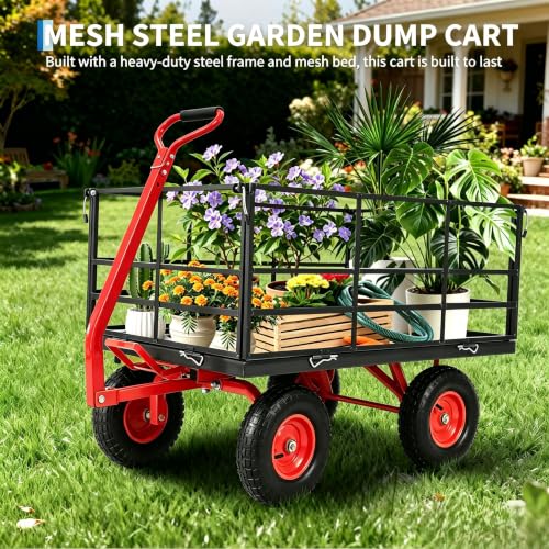 GarveeLife 1500 Lbs Garden Dump Cart with 13" All-Terrain Tires, Dump Frame, 3-in-1 Convertible Yard Wagon & Swivel Handle – Black Frame, Red Rims & Handlebars - size: 1500lbs Dump