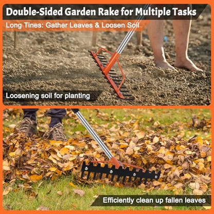 Bow Rake 60-Inch Adjustable Handle Metal Rake 14 Steel Tines Dual-Sided Garden Rake for Soil Loosening Leveling Leaves Gathering Thatch Removal Gravel Rock Landscape Yard Care