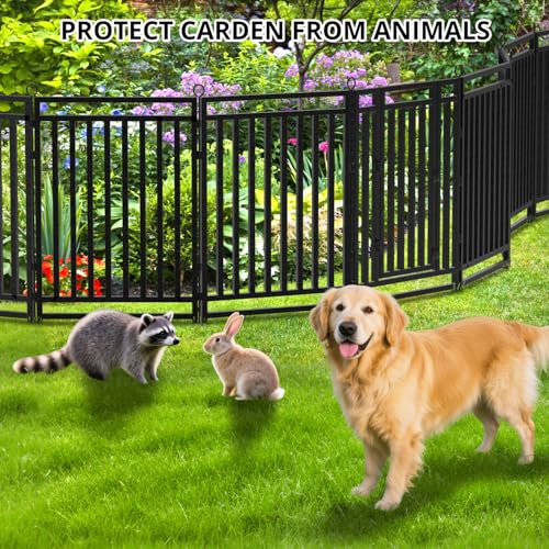 Decorative Garden Fence Large Dog Fence Outdoor for Yard, 72ft (L) × 40in (H), 28 Panels + 4 Gates, Metal Animal Barrier Fencing for Patio & Flower Bed, No Dig, Black-Silver - size: 40in(H)x72ft(L)