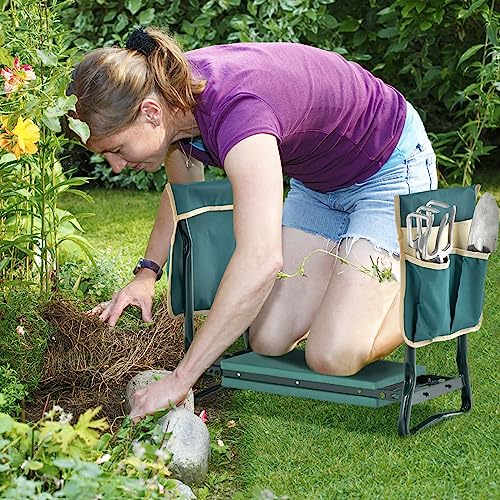 HAPPYGRILL Garden Kneeler Bench for Kneeling and Sitting, Portable Garden Kneeler Seat with 2 Large Tool Pouches, EVA Foam Kneeling Pad, Foldable Gardening Tool Bench