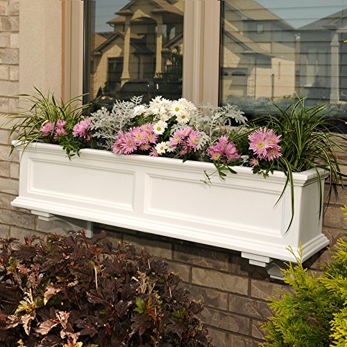 Mayne Fairfield 4ft White Durable Self Watering Window Box Planter with Wall Mount Brackets (5823-W) Bundle with Decorative Brackets, White, 2 Count