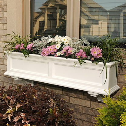 Mayne Fairfield 4ft White Durable Self Watering Window Box Planter with Wall Mount Brackets (5823-W) Bundle with Decorative Brackets, White, 2 Count