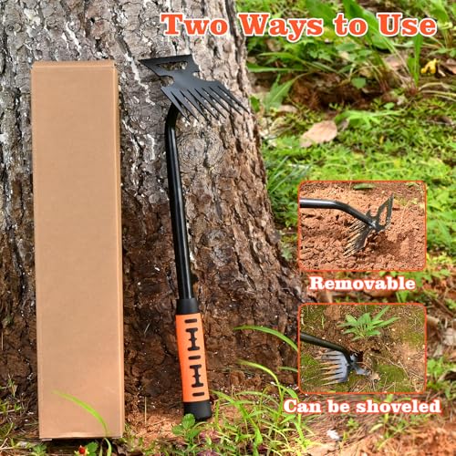 BokingOne Portable Weed Removal Tool - 8-Prong Manganese Steel with Black Baked Rust-Proof Coating for Garden Lawn Farm, Non-Slip Rubber Handle - color: Black Baked Rust silvery