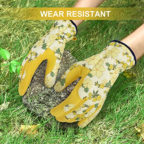Womens Gardening Weeding Working Gloves, Leather Garden Glove for Women Thorn Proof No Stab for Digging, Planting,Pruning - color: Yellow-medium