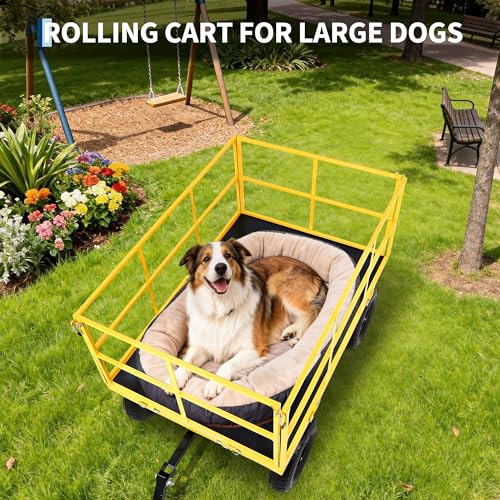 1500 Lbs Heavy Duty Garden Utility Wagon Cart, 3-in-1 Steel Yard Trailer with Removable Mesh Sides, 13" All-Terrain Tires, 180° Swivel Handle for Garden, Farm & Lawn - color: Yellow
