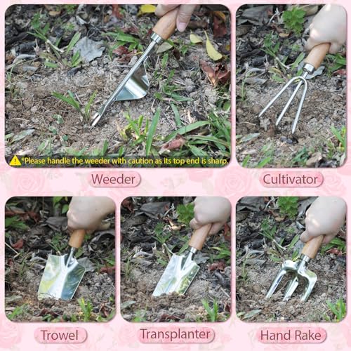 LeMotech Garden Tools Set, 10-Piece Heavy Duty Garden Hand Tools Kit with Wooden Handle, Durable Organizer Bag for Garden Supplies, Gardening Gifts for Women Grandmother, Pink Floral Pattern - style: Pink Floral Garden Bag