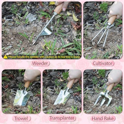 LeMotech Garden Tools Set, 10-Piece Heavy Duty Garden Hand Tools Kit with Wooden Handle, Durable Organizer Bag for Garden Supplies, Gardening Gifts for Women Grandmother, Pink Floral Pattern - style: Pink Floral Garden Bag