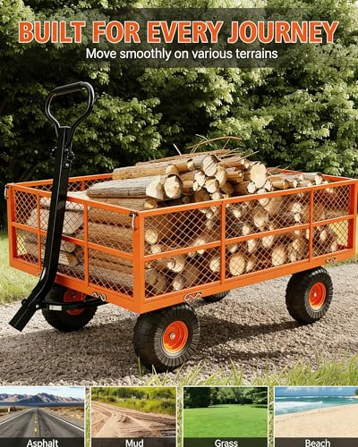 GarveeLife Heavy Duty Steel Garden Cart 1200 LBS Capacity 3 in 1 Pullable Garden Wagon with 13 in Wheels for Gardening Soil, Tools, and Plant Transport - color: Orange, size: 1200 lbs