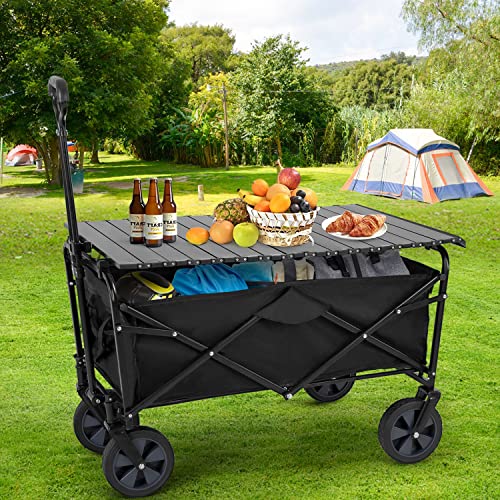 PayLessHere Garden Cart Folding Wagon Collapsible w/Foldable Table Board Universal Wheels for Camping Picnic Outdoor Event - color: Black Table Board