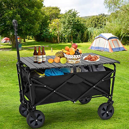 PayLessHere Garden Cart Folding Wagon Collapsible w/Foldable Table Board Universal Wheels for Camping Picnic Outdoor Event - color: Black Table Board