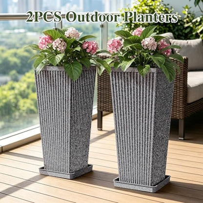24" Tapered Tall Planters for Outdoor Plants with Tray&Shelf, Gray - color: Dark Gray-sandblasting