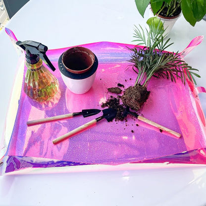 Kasepie Pink PVC Plant Repotting Mat, 19x27 Inch, Foldable Dirt Control Tray for Indoor Transplanting, Gardening Gift for Women and Men (Pink+Star) - color: Pink+star